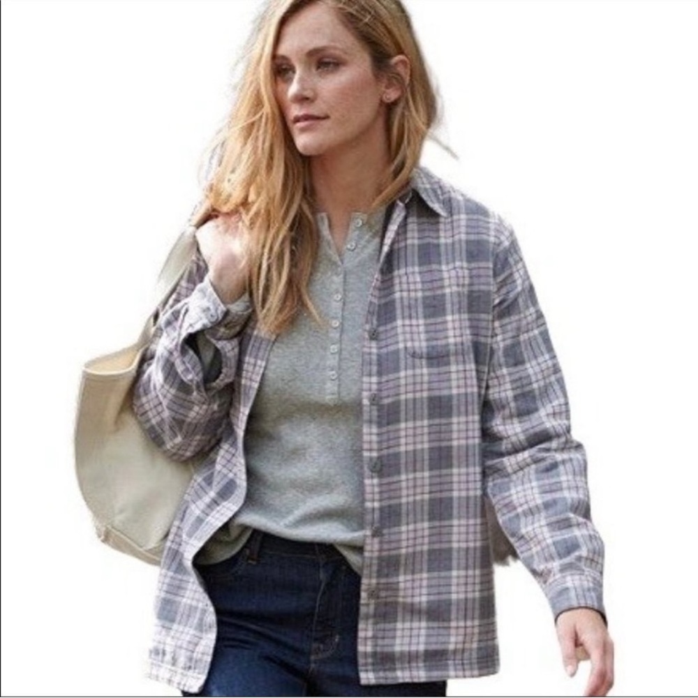 L.L. Bean Plaid Fleece-Lined Flannel Gray Purple Button Shacket Shirt